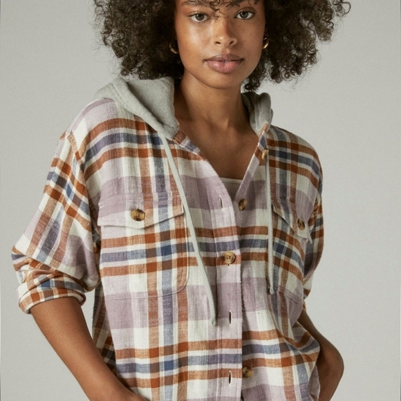 Lucky Brand Plaid Shirt Hooded Crop Boxy - Picture 1 of 9